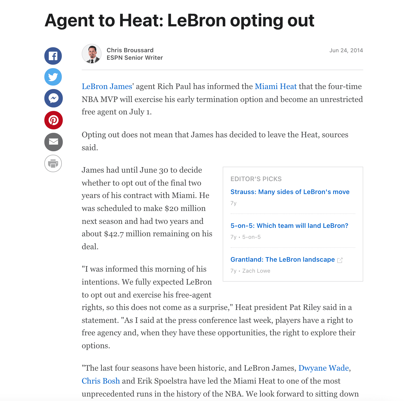 Agent to Heat: LeBron opting out — ESPN, June 24, 2014